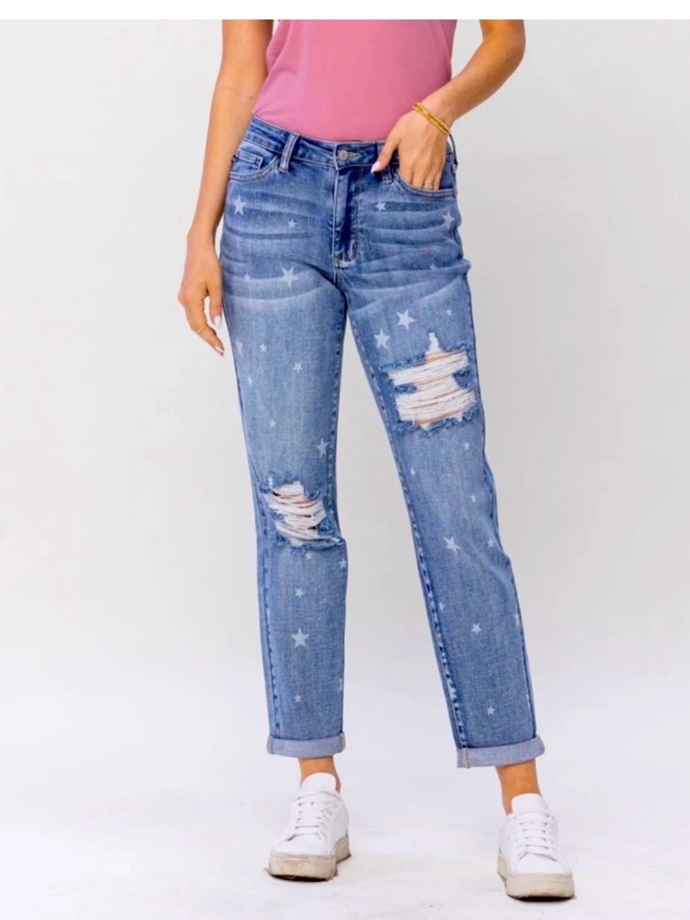 Judy Blue Boyfriend Fit Jeans Star Print Distressed size 7 28